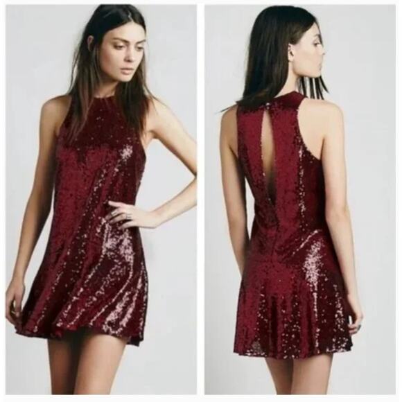 FREE PEOPLE Liquid Shine Sequin Sleeveless Swing Mini Dress Ruby Red Small NEW - Picture 2 of 13